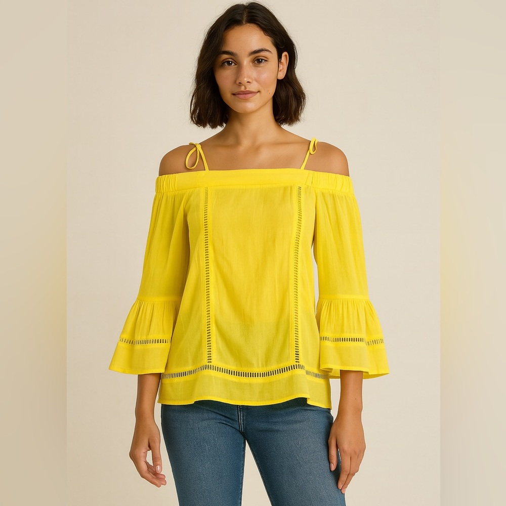 Jade Melody Tan Bright Yellow Off-the-Shoulder Flowy Top Blouse Small Summer